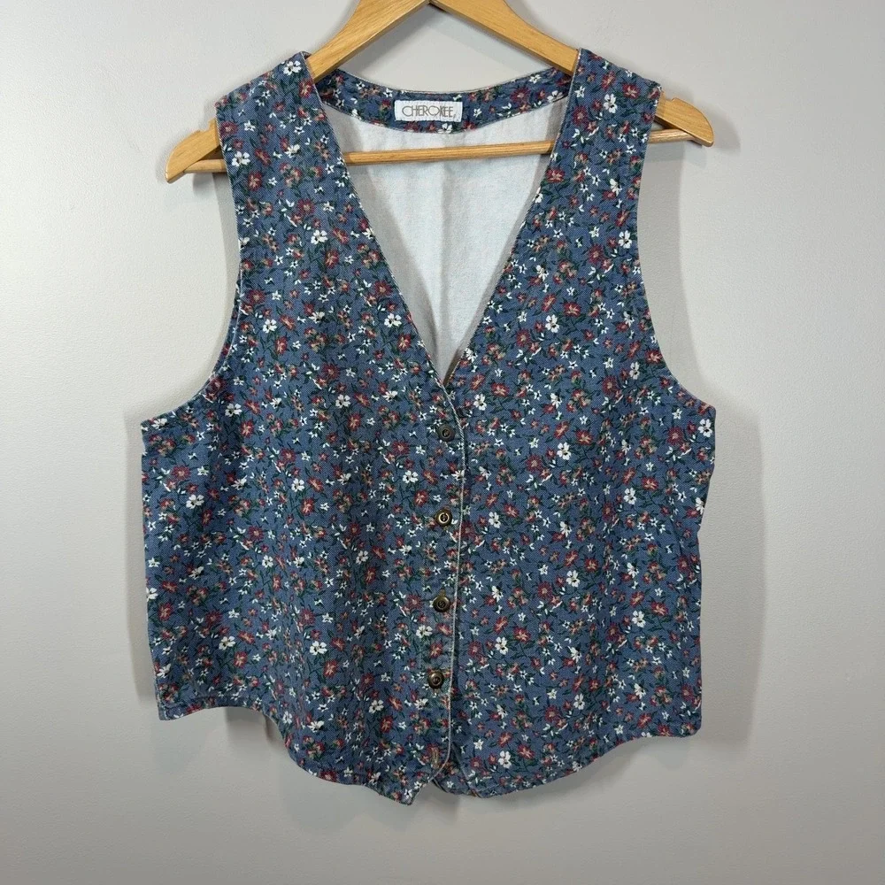 Vintage Cherokee Floral Button Up Vest Blue Corduroy Cottagecore 90s (no size)